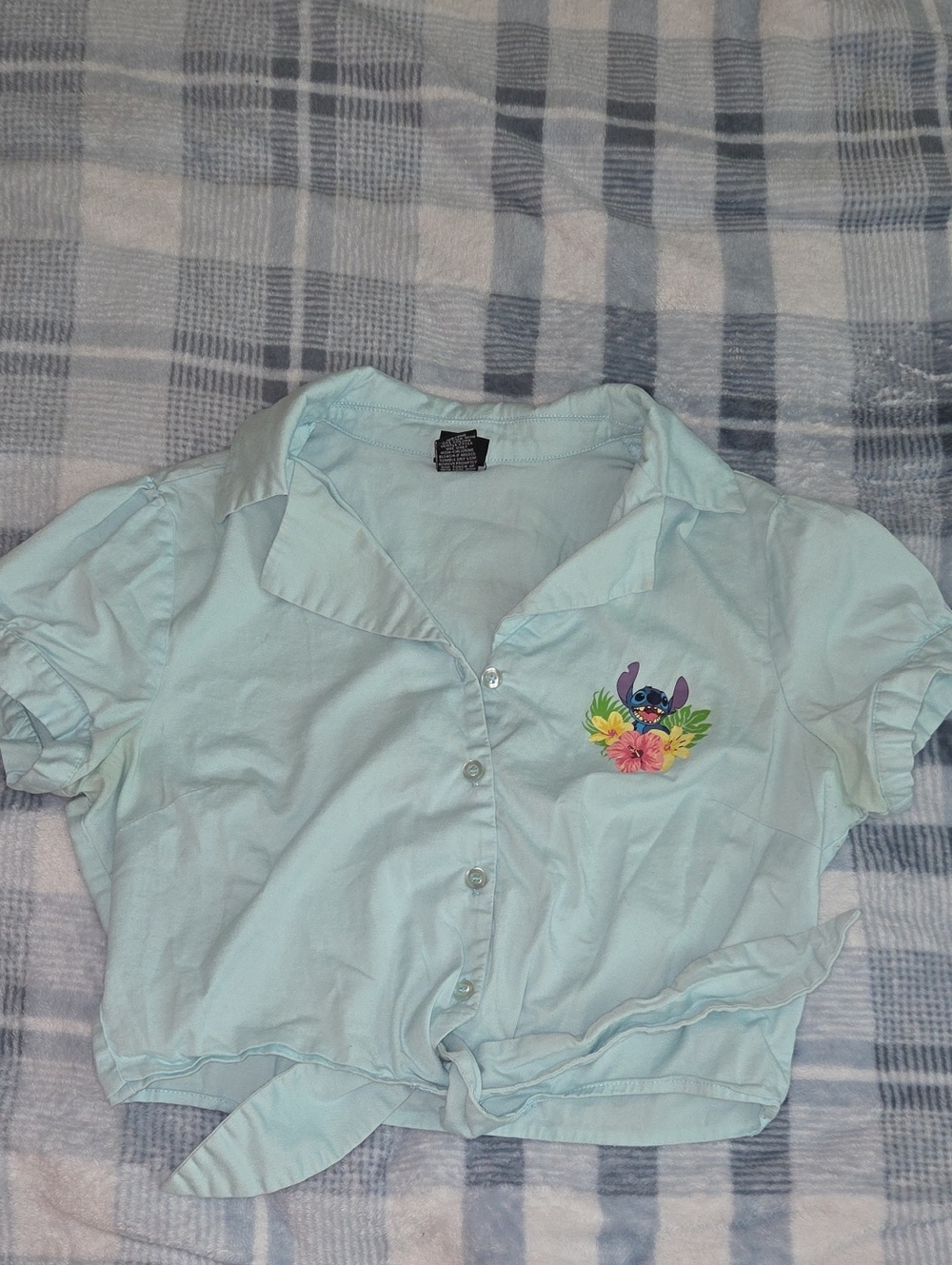 Light Blue Cropped Button-Up Top with Tropical Stitch